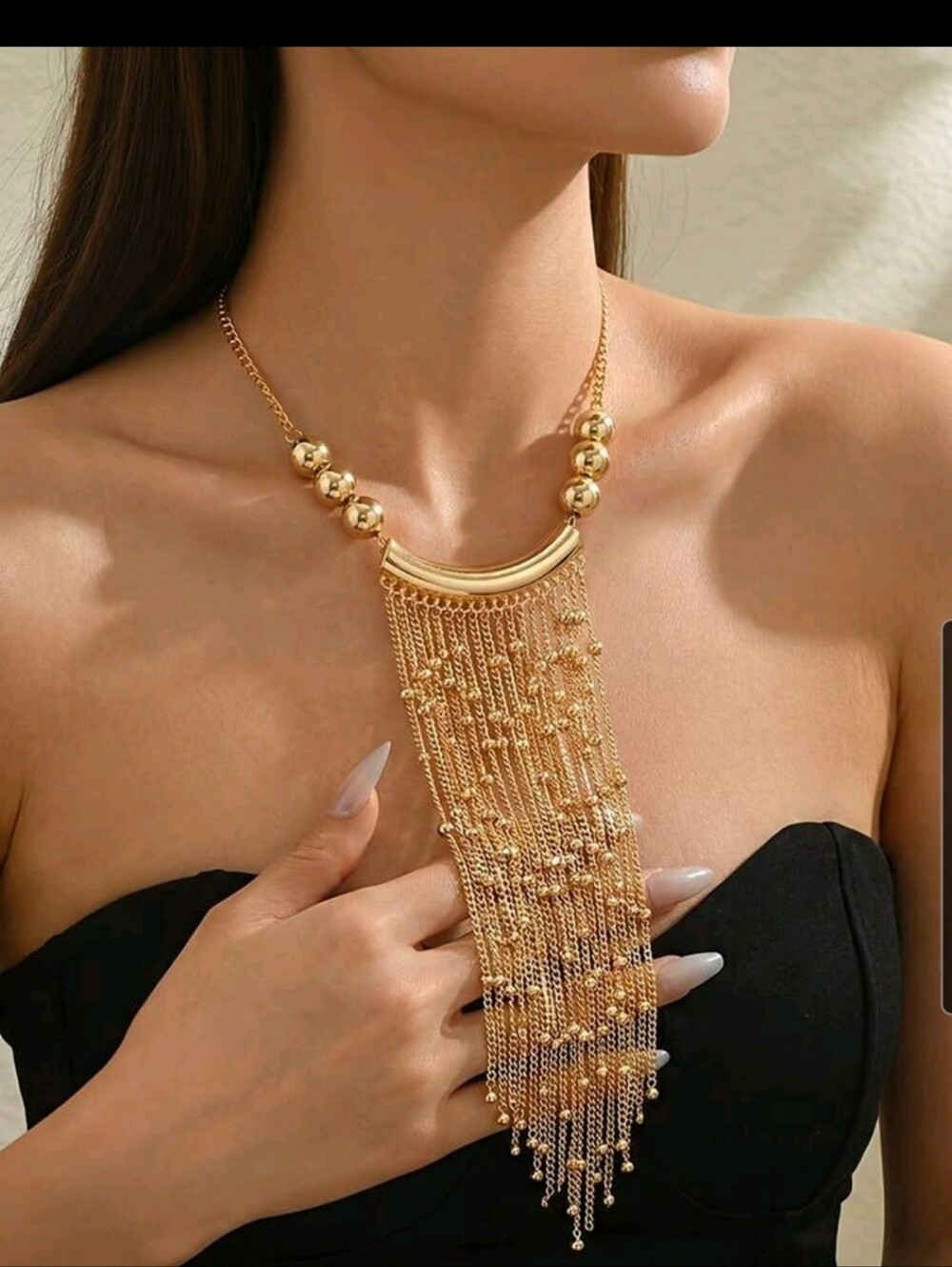 BRAND NEW ** Elegant Gold Fringe Statement Necklace for Women